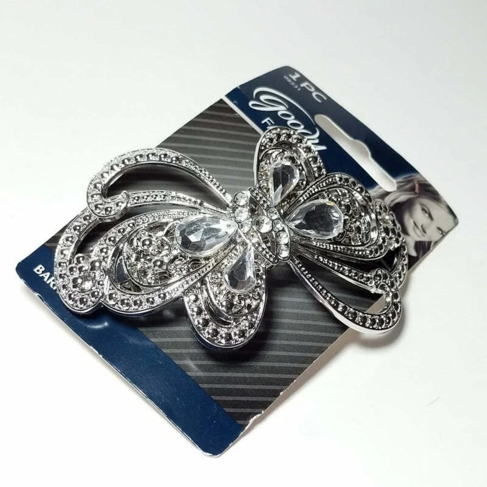 Goody Hair Barrette Fashionow Metal Butterfly Clip Faux Diamonds Gems Silver